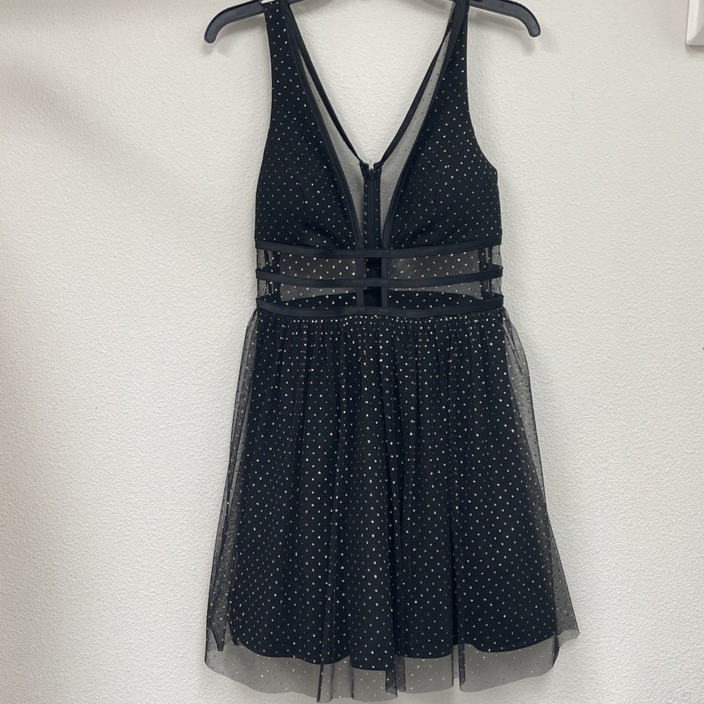 Blondie Nites Stacy Sklar Black Gold Polka Dot Mesh Cutout Cocktail Dress 7